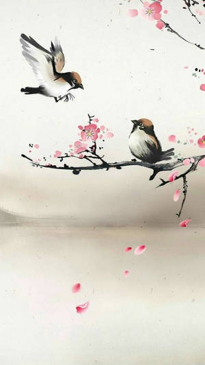 兩隻鳥在櫻花枝條附近，花瓣飄落