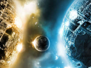 兩顆死星在一個充滿活力的宇宙場景中繞著一顆行星運行。 — 月色夜空 壁紙