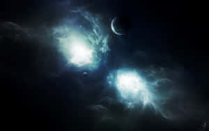 深空中兩個發光的藍色星雲，附近有行星漂浮。 — 太空 壁紙