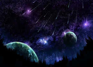 兩顆發光的行星漂浮在森林之上，流星雨劃過繁星點點的夜空。 — 太空美學 GIF 壁紙