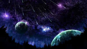 兩顆行星漂浮在森林之上，背景是流星劃過的星空紫色天空。 — 天空美學 壁紙