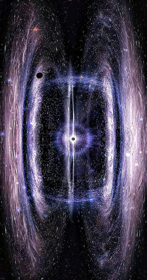 一個以黑洞為中心的旋轉紫色和藍色宇宙漩渦，帶有散落的星星。