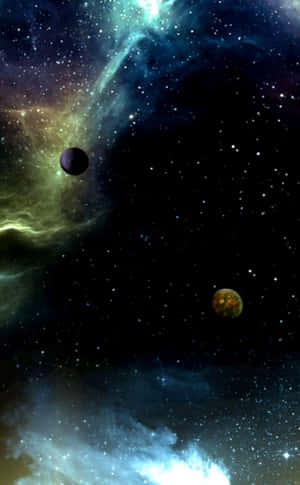 兩顆行星漂浮在色彩繽紛的星雲中，伴有發光的雲朵。 — Galaxy Z Fold 8 壁紙