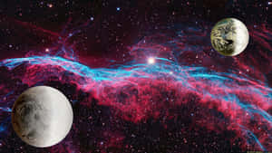 兩顆行星繞著一個充滿星星的彩色宇宙星雲運行。 — 夜空 壁紙