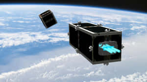 兩顆衛星漂浮在地球上空的太空中，發出藍色光束。 — 死亡空間 壁紙