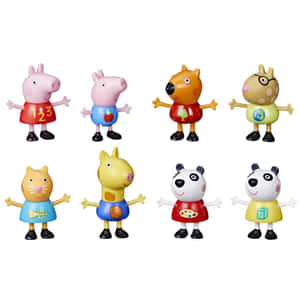 八個穿著色彩繽紛服裝的Peppa Pig玩具角色排成行。 — iPad 第10代 壁紙