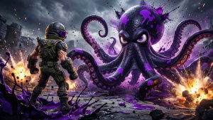 士兵在爆炸性戰鬥場景中對抗巨型紫色章魚。 — Splatoon GIF 壁紙