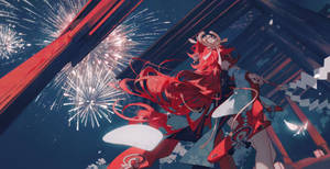 紅髮動漫少女在夜晚的煙火下跳舞。
