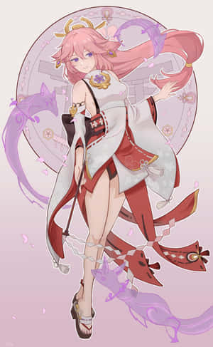 粉紅色頭髮和狐狸精靈的動漫女孩，穿著傳統日本服飾。 — Galaxy Tab Active5 壁紙
