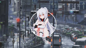 白髮紅眼動漫女孩在圓形框架內，背景是下雨的城市街道。 — 粉紅動漫美學 壁紙