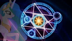 一隻獨角獸看著一個發光的魔法五角星，上面有太陽符號和符文。 — 動漫 壁紙