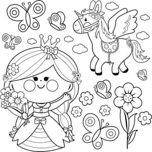 一位微笑的公主手持花朵，站在有翼獨角獸旁邊，伴隨著蝴蝶和雲朵。