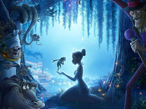 Tiana 在沼澤洞穴中，螢火蟲和沼澤生物看著她和一隻青蛙。