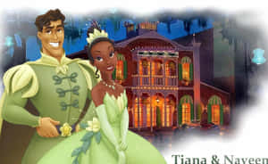 迪士尼公主 Tiana 和王子 Naveen 在夜晚站在他們的沼澤大宅前。 — 成振宇 壁紙