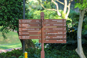 綠色公園中的棕色方向標誌，指向福康寧和萊佛士花園等景點。
