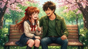 動漫情侶在公園長椅上的櫻花下大笑。