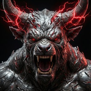 一頭惡魔般的公牛，有著發光的紅色眼睛和角上噼啪作響的閃電，兇猛地咆哮。