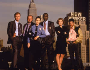 六位《NYPD Blue》演員在紐約屋頂上以城市天際線為背景擺姿勢。 — 日落 壁紙
