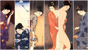 六幅日本木版畫，描繪穿著和服的女性以寧靜姿勢擺拍。