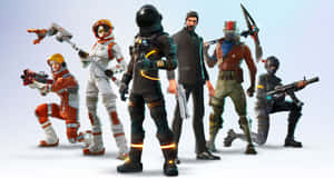 六個Fortnite遊戲角色穿著戰鬥裝備，手持武器擺姿勢。 — Fortnite 造型 壁紙
