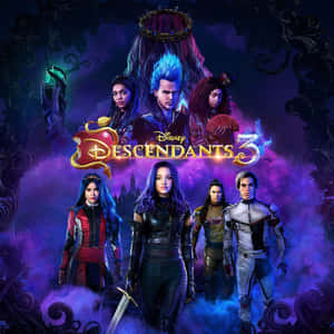 六個年輕奇幻角色穿著服裝，站在發光的Descendants 3標題前。 — 迪士尼角色 壁紙