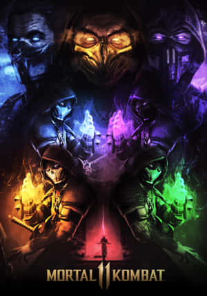 來自《Mortal Kombat 11》的六個戴面具的戰士在黑暗場景中散發超自然能量。 — iPad Air 壁紙