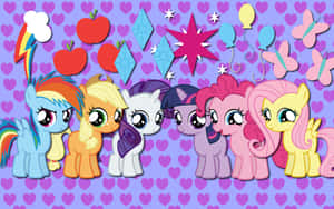 六個My Little Pony角色在心形背景上微笑，配有節日裝飾。 — 馬 壁紙