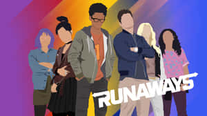 六個穿著休閒服裝的不同青少年站在彩虹漸變背景前，帶有「RUNAWAYS」文字。 — 5120x2880 壁紙