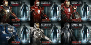 六套 Iron Man 戰甲，從 Mark 17 到 Mark 40，在實驗室環境中，帶有發光的反應器。 — 鋼鐵人 壁紙