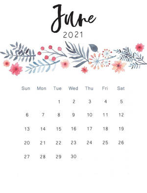 2021年6月月曆，帶有花卉水彩邊框