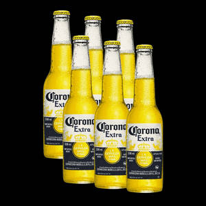 六瓶冰凍的Corona Extra啤酒瓶，玻璃瓶身帶有水珠，黑色背景。 — AMOLED 壁紙