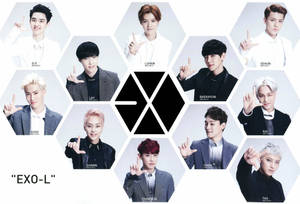 九位K-pop偶像的攝影棚肖像以六邊形排列在標誌周圍。