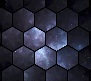 六角形網格揭示了一個星光燦爛的宇宙天空，帶有發光的星雲。