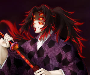 動漫惡魔，發光的紅眼，穿著暗色服裝，手持紅色劍。
