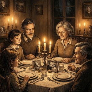四代同堂在舒適的飯廳共享燭光晚餐。