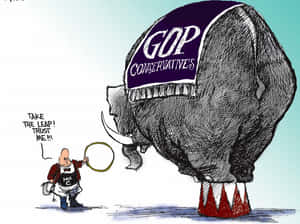 一個矮人向一隻標有 GOP Conservatives 並站在紅色尖刺上的巨型犀牛獻上戒指。