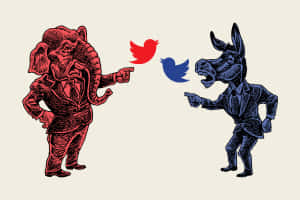 兩個穿西裝的政治動物形象，中間有Twitter標誌，互相指著對方。
