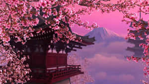 粉紅色櫻花環繞著一座傳統日本寶塔，背景是富士山。