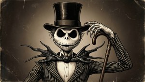 一張以復古啡調呈現、穿著禮服的 Jack Skellington 向量圖。 — Jack skellington GIF 壁紙