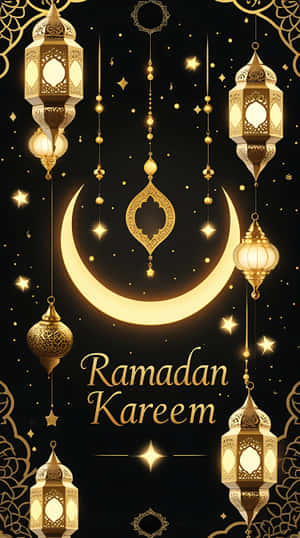 金色燈籠和新月掛在繁星點點的夜空，帶有Ramadan Kareem文字。 — 星星 壁紙
