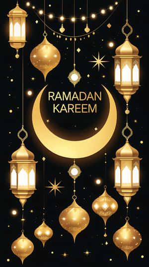 金色燈籠和裝飾品懸掛在繁星點點的夜空中，伴隨著彎月和Ramadan Kareem文字。 — 星星 壁紙