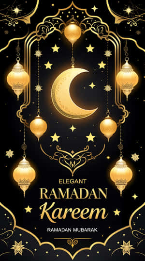 金色新月和燈籠懸掛在黑色星空背景上，帶有 Ramadan Kareem 文字。