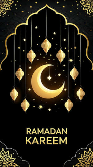 金色燈籠和新月掛在華麗的拱門上，帶有Ramadan Kareem文字。 — 星星 壁紙