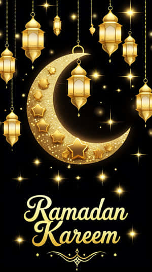 金色燈籠和星星漂浮在彎月周圍，黑色背景上有Ramadan Kareem文字 — 齋戒月 壁紙