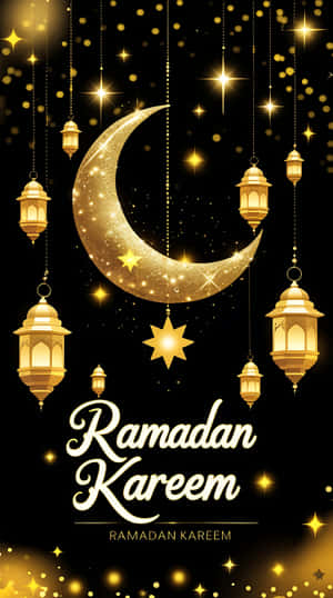 金色新月和燈籠懸掛在星空下，帶有 Ramadan Kareem 文字。 — 齋戒月 壁紙