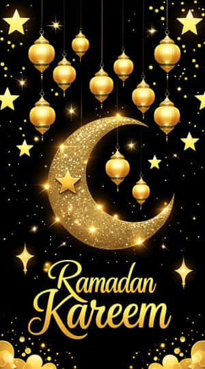 金色燈籠和星星漂浮在閃閃發光的彎月周圍，帶有 Ramadan Kareem 文字。 — 星星 壁紙