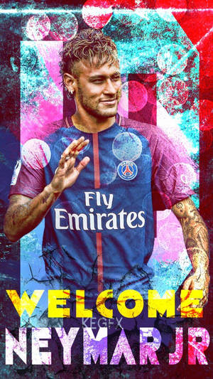 尼馬·祖利亞身穿PSG球衣，帶有「WELCOME NEYMAR JR」文字，採用色彩繽紛的故障風格。