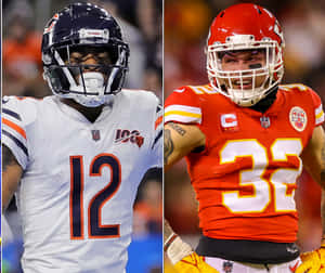 兩名NFL美式足球員戴著頭盔和隊服在比賽中