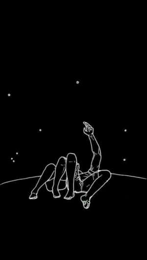 一個人躺在彎曲的地平線上，以極簡線條藝術風格指向星星。