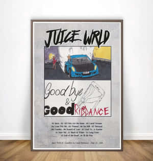 裱框的 Juice WRLD 專輯海報，藍色汽車和金髮女子在星空下。